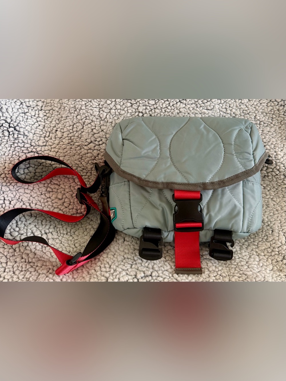 Bagsmart- Light Blue Quilted Crossbody Camera Bag with Red Accent Strap